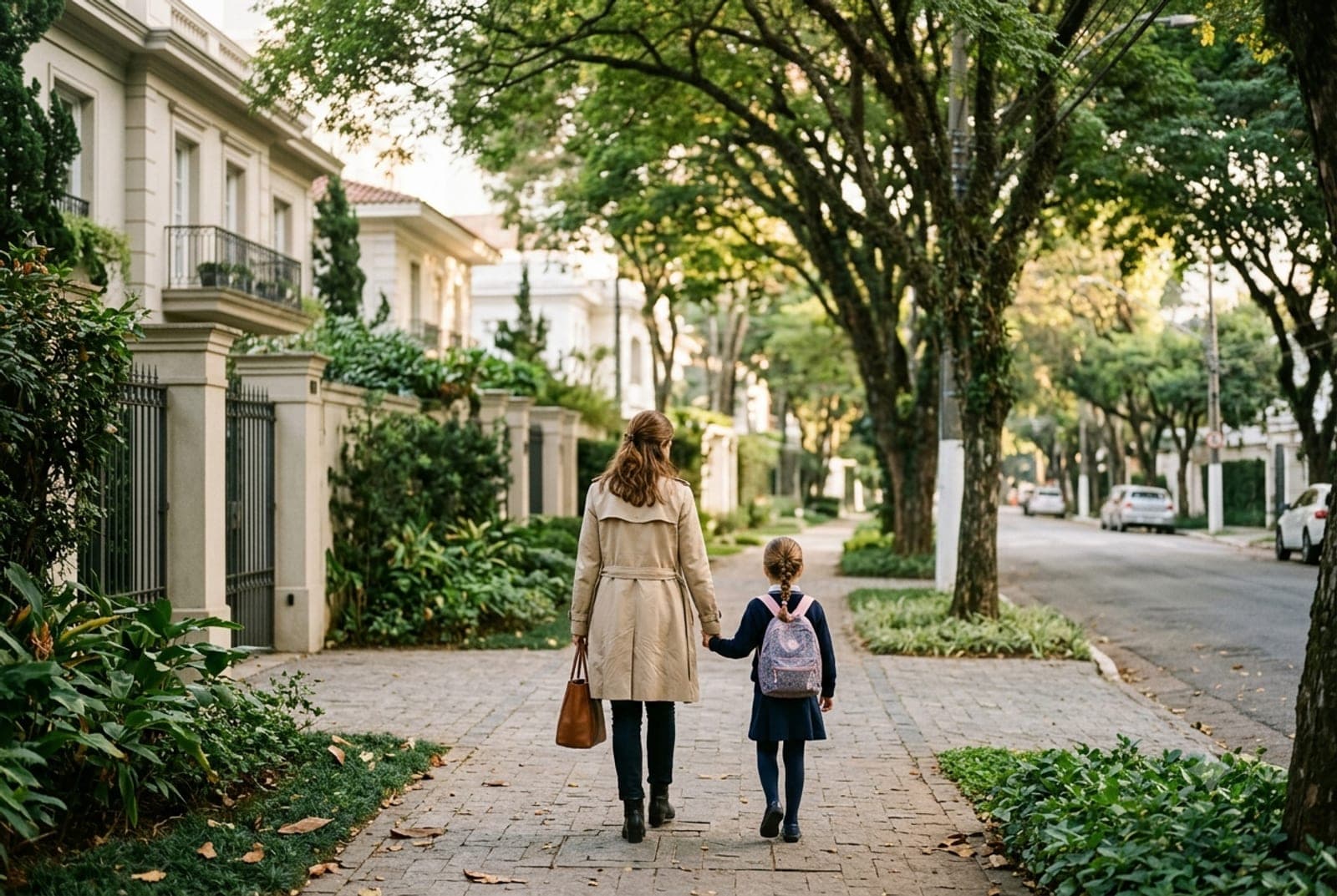 Manhã num bairro arborizado de São Paulo, mãe e filha a caminho da escola