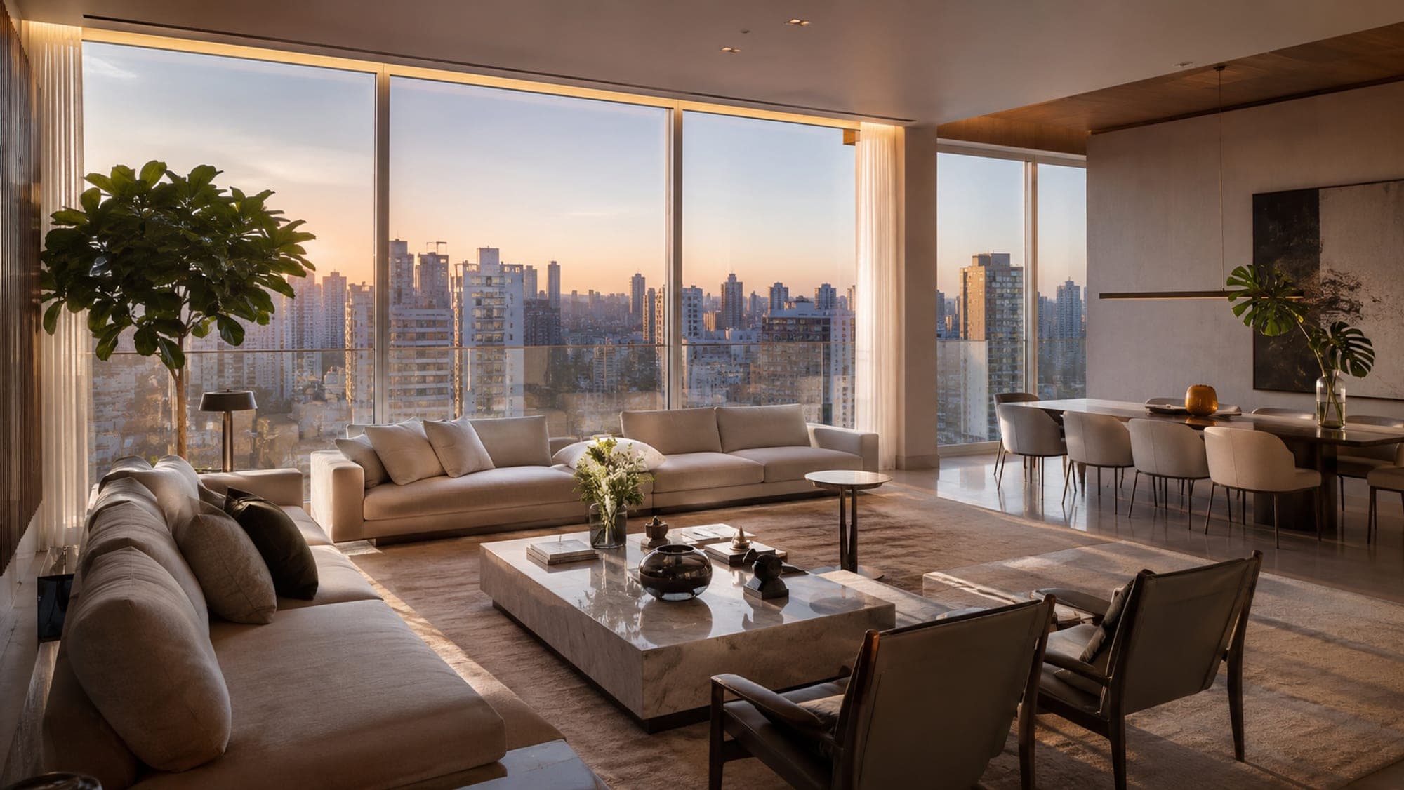 Sala de apartamento de alto padrão em São Paulo ao entardecer, com vista para a cidade
